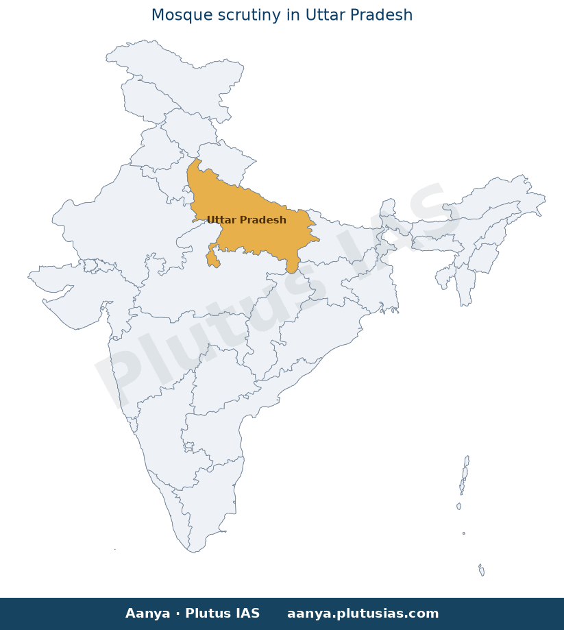 Map of Uttar Pradesh highlighted on the map of India — UP mosque scrutiny ASI Sambhal Moradabad