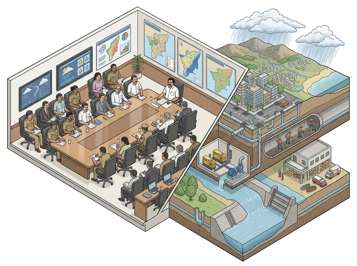 Vijay chairs meeting on Northeast monsoon preparedness with officials — labelled illustration