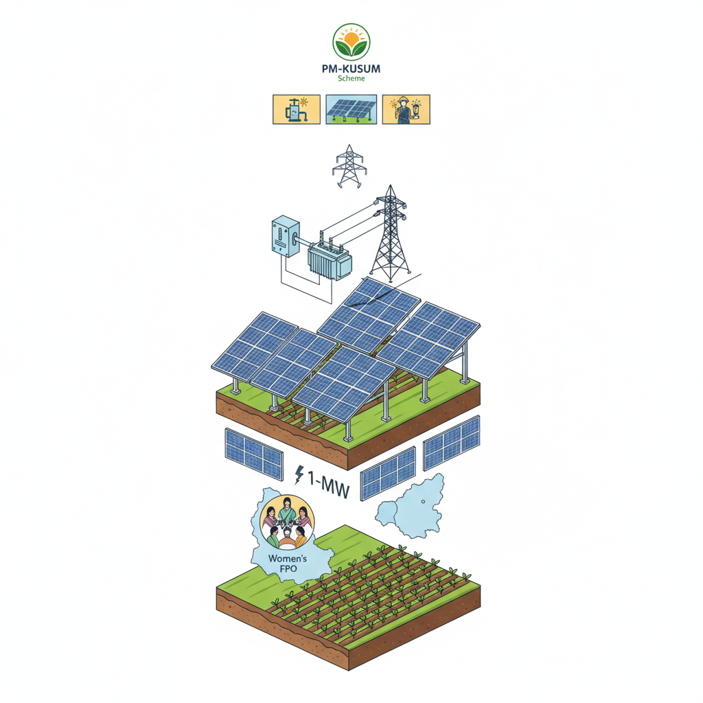 Women’s FPO turns farmland into 1-MW solar project — labelled illustration