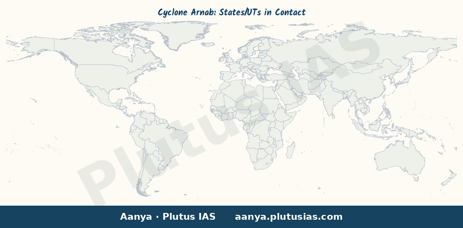 Map of Andhra Pradesh, Puducherry, Odisha, Chhattisgarh highlighted on the map of India — Cyclone Arnab UPSC disaster…