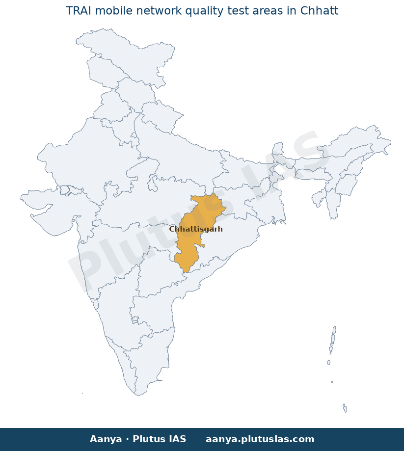 Map of Chhattisgarh highlighted on the map of India — TRAI mobile network audit Bilaspur Janjgir-Champa 2026