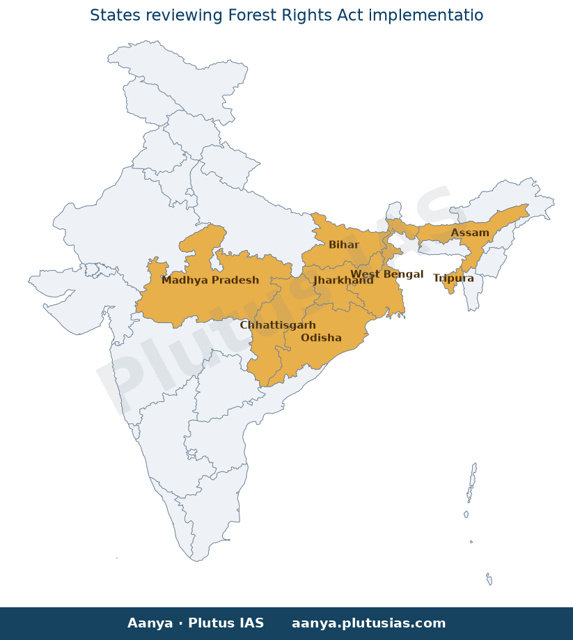 Map of West Bengal, Assam, Tripura, Jharkhand, Odisha, Bihar, Madhy highlighted on the map of India — वन अधिकार अधिनियम…